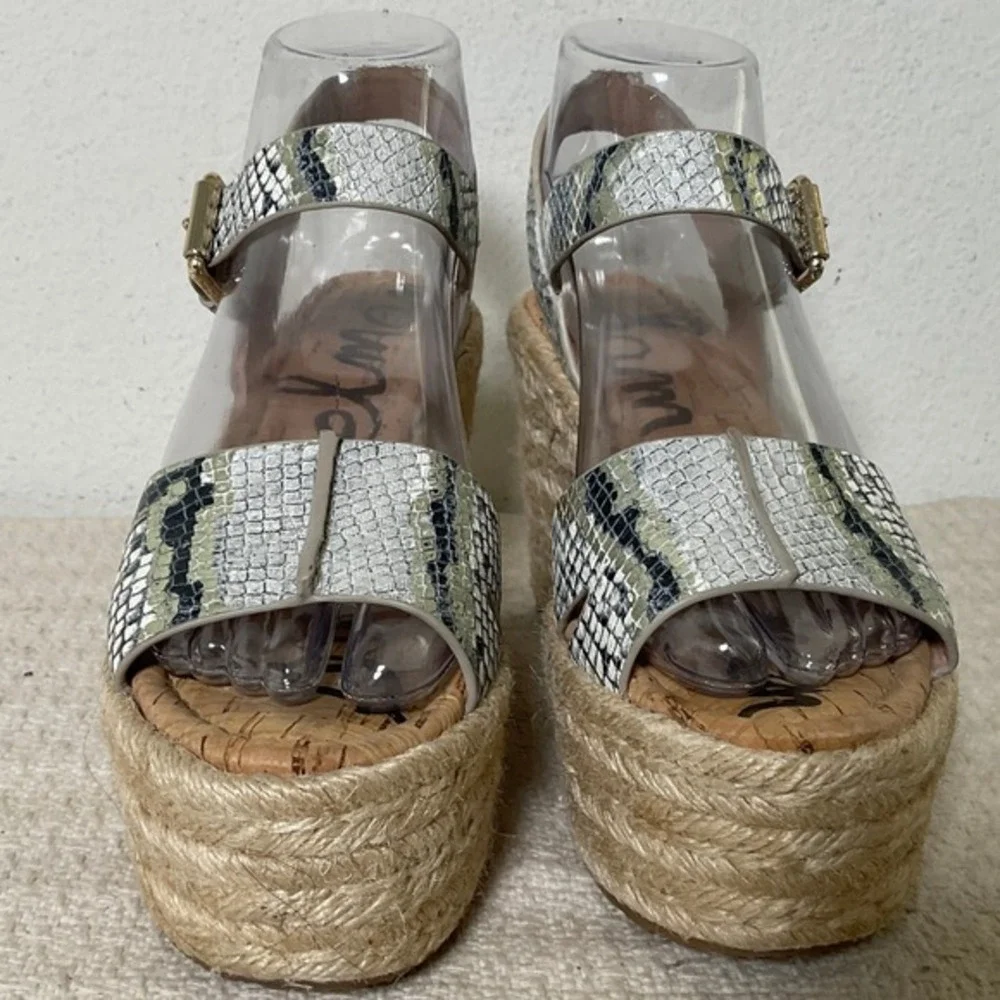 Sam‎ Edelman Maura Snakeskin Platform Wedge Espadrille Sandals White Black 6M